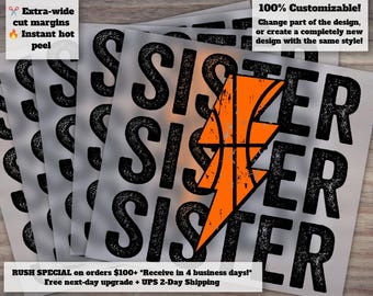Basketball Sister Heat Transfer Design - Distressed Lightning Bolt Theme - Ready to Press, DTF T-shirt Design for Crafters