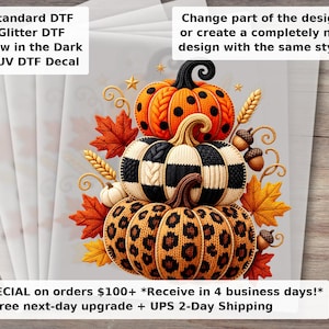 Faux Knit Pumpkin Stack , Crochet Leopard Checkered Fall Graphic, Polka Dot Autumn Design, Cozy DTF Transfer Ready to Press