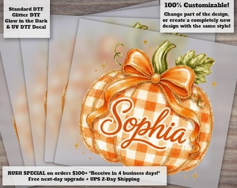 Personalized Pumpkin DTF Transfer, Custom Name Buffalo Plaid Pumpkin Bow Fall Autumn Ready to Press Heat Transfer
