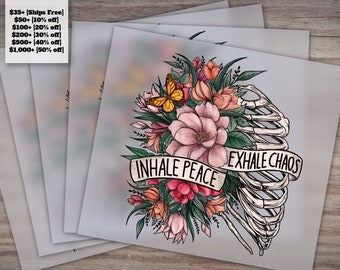 Custom DTF Print Transfers: Inhale Peace, Flower Skull, Skeleton, Butterfly, Mama, Motivational and Patriotic Designs