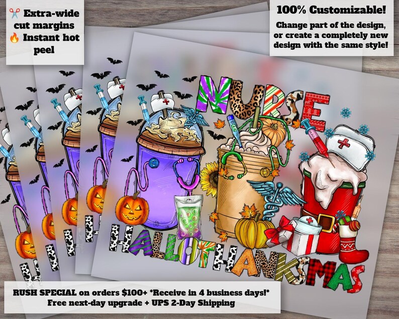 Diseño de café con temática de enfermería para transferencia térmica, DTF (listo para prensar) - Temas de otoño, Halloween y Navidad. imagen 1