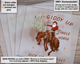 Western Santa Cowboy Cactus Design: Giddy Up Jingle Horse | Ready to Press Heat Transfer, DTF, Unique Designs