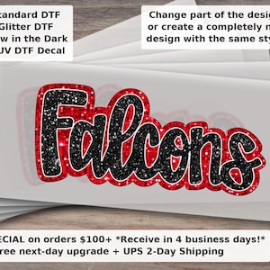 Black and Red Falcons Mascot DTF Transfer | Hand-Drawn Glitter Sequins Ready to Press Iron On Transfer for Shirts