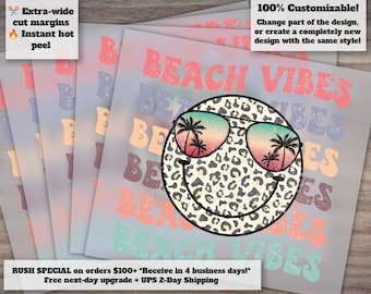 Summer Beach Vibes, Retro Leopard Smiley Face, T-Shirt Design, Heat Transfer, Ready to Press DTF