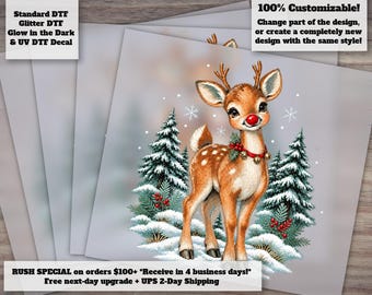 Vintage Reindeer Christmas DTF Transfer | Snowy Forest Retro Distressed Winter Holiday Heat Press Transfer for Shirts