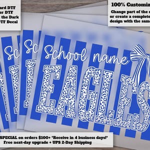 Custom Mascot | Striped Custom High School Mascot DTF Transfer, Varsity Personalized Coquette Bow School Spirit Ready to Press Heat Transfer imagem 1