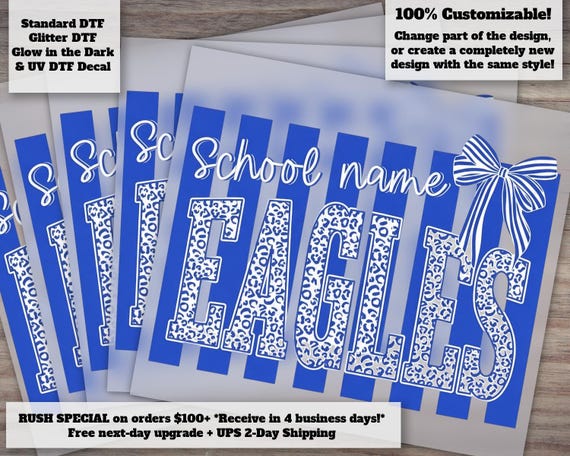 Custom Mascot | Striped Custom High School Mascot DTF Transfer, Varsity Personalized Coquette Bow School Spirit Ready to Press Heat Transfer