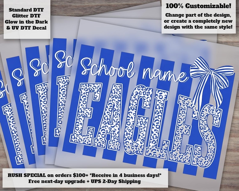 Custom Mascot | Striped Custom High School Mascot DTF Transfer, Varsity Personalized Coquette Bow School Spirit Ready to Press Heat Transfer imagem 1