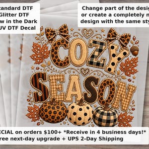 Cozy Season Fall Pumpkin Bow DTF Transfer | Autumn Patchwork Lettering Rhinestone Thanksgiving Shirt Transfer Ready to Press