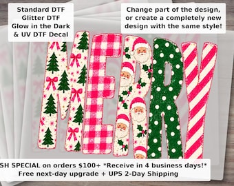 Retro Pink Merry Christmas DTF Transfer | Polka Dots Christmas Tree Santa Holiday Iron On Ready to Press