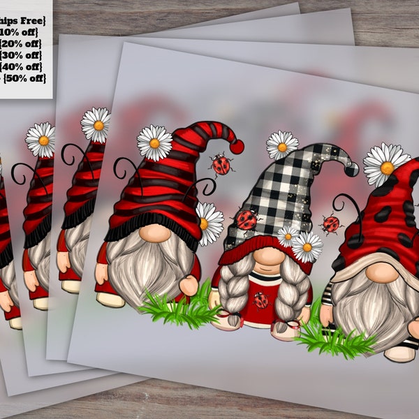 Cute Ladybug Gnomes Design for Heat Transfer, Ready to Press DTF, Ideal for Craft and DIY Projects