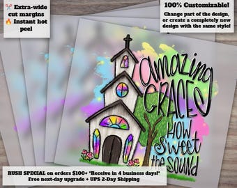 Ready To Press, Digital Transfer Dtf, Amazing Grace With Whimsical Hand Drawn Church, Dtf, Transfer Dtf, sublimation Print, heat transfer