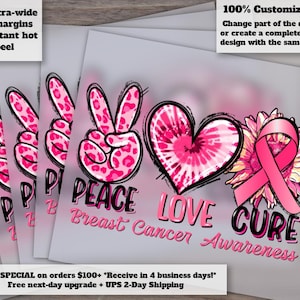 Breast Cancer Awareness Heat Transfer DTF Design, Pink Ribbon Ready to Press, Peace Love Cure Support Design image 1