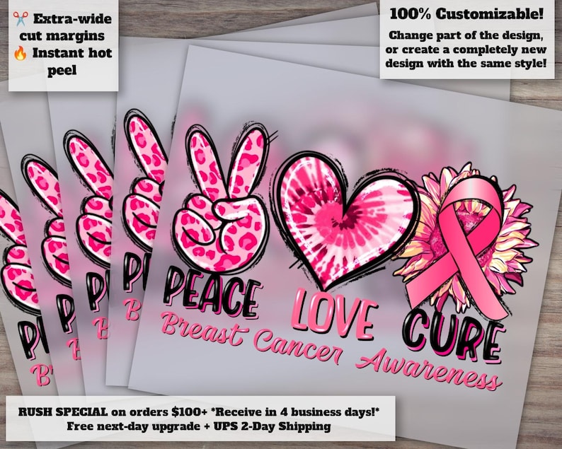 Breast Cancer Awareness Heat Transfer DTF Design, Pink Ribbon Ready to Press, Peace Love Cure Support Design image 1