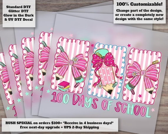 Preppy 100 Days School DTF Heat Transfer Bow Pencil Cute Teacher Design