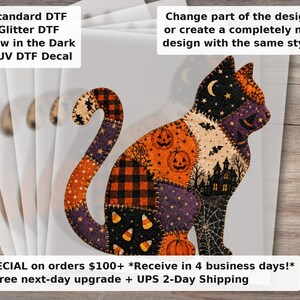 Patchwork Halloween Cat DTF Transfer | Vintage Quilted Spooky Season Ready to Press Iron On for Shirts and Sweatshirts