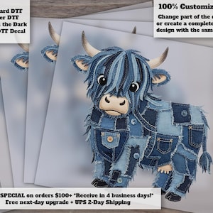 Denim Patchwork Highland Cow Heat Transfer Cute Western Jean Design