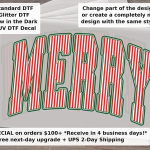 Merry Christmas Varsity Striped DTF Transfer | Ready to Press Holiday Shirt Transfer | Christmas Iron On Transfer