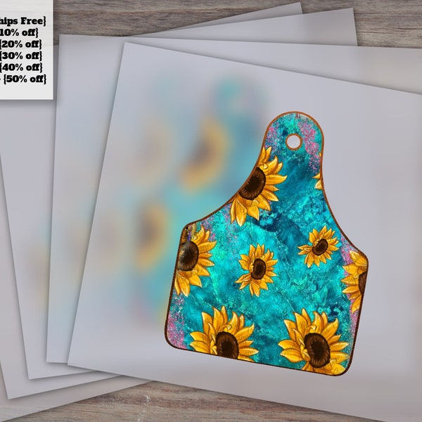 Turquoise Sunflower Cow Tag - Western Farm Design - Ready to Press Heat Transfer - DTF