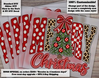 Retro Merry Christmas DTF Transfer | Preppy Leopard Polka Dot Christmas Tree Ready to Press Holiday Iron On