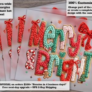 Faux Yarn Merry Christmas Tree Heat Transfer with Chunky Knit Bow DTF Transfer