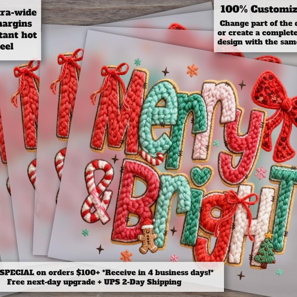Faux Yarn Merry Christmas Tree Heat Transfer with Chunky Knit Bow DTF Transfer