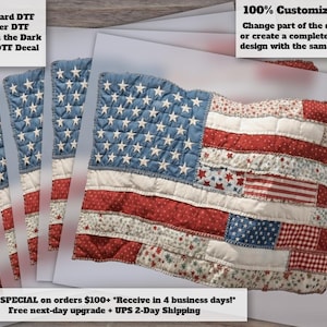 Faux Quilted Vintage USA Flag Heat Transfer Patriotic 4th July DTF Patchwork Design