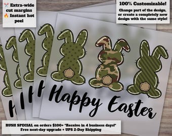 Digital Dtf Heat Transfer Design: Happy Easter Bunny Army Trio in Camo - Boy Clip Art, Ready to Press Iron-On