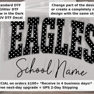 Custom Mascot School Name DTF Transfer, Personalized Team Mascot Shirt, Polka Dot Varsity Letters, School Spirit Game Day