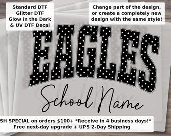 Custom Mascot School Name DTF Transfer, Personalized Team Mascot Shirt, Polka Dot Varsity Letters, School Spirit Game Day