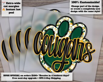Custom Mascot | Cougars Hand Drawn Design for DTF Heat Transfer | Green Yellow Gold Mascot with Paw Print | Football Ready to Press