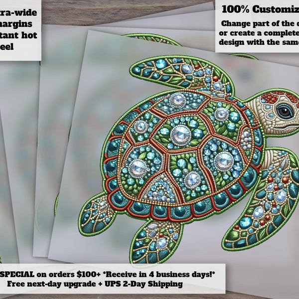 Diseño de tortuga marina brillante con diamantes de imitación y bordado / Sublimación y transferencia de calor listos / Diseño de camiseta DTF / Arte de tortuga para prendas de vestir