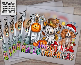 Versatile Hallothanksmas Dog Design: Fall, Halloween, Christmas Western Theme, Heat Transfer-Ready, DTF, Press-Prepared.