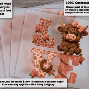 Highland Cow Valentine DTF Heat Transfer Faux Crochet Yarn Design image 1