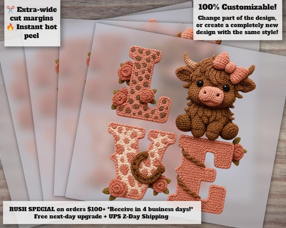 Highland Cow Valentine DTF Heat Transfer Faux Crochet Yarn Design