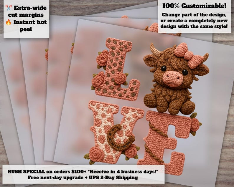 Highland Cow Valentine DTF Heat Transfer Faux Crochet Yarn Design image 1