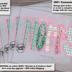 May include: A digital graphic design featuring the word Merry in stylized letters with a pink stitched border. Each letter has a unique pattern including nutcrackers, green glitter, horizontal stripes, rose gold sequins, and Christmas trees.
