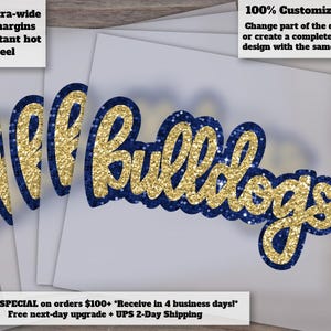 Hand Drawn Bulldogs Sequin Mascot Faux Appliqué | Blue Gold Football DTF Ready to Press Heat Transfer Design image 1