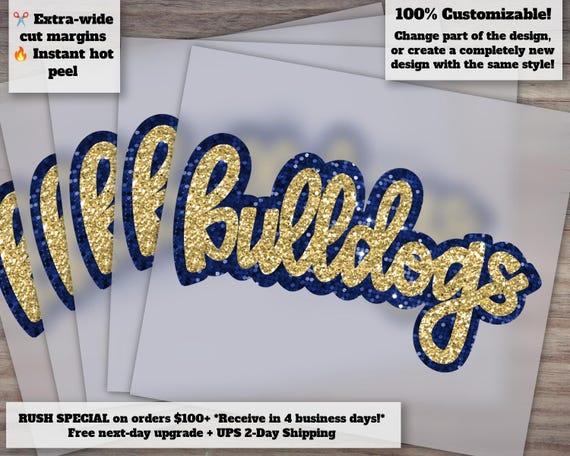Hand Drawn Bulldogs Sequin Mascot Faux Appliqué | Blue Gold Football DTF Ready to Press Heat Transfer Design