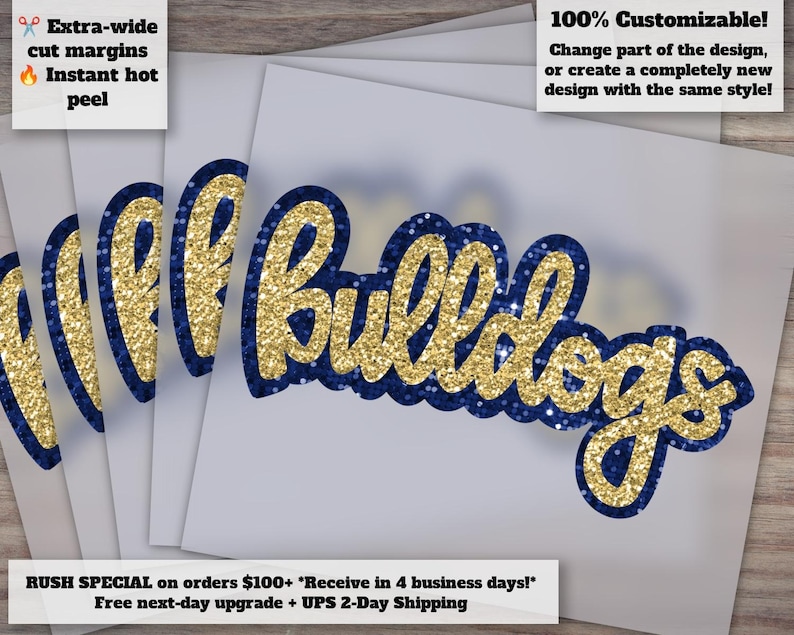 Hand Drawn Bulldogs Sequin Mascot Faux Appliqué | Blue Gold Football DTF Ready to Press Heat Transfer Design image 1