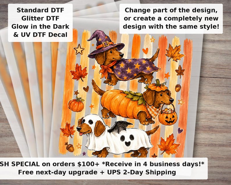 Halloween Dachshund DTF Transfer, Cute Wiener Dog Spooky Season Doxie Shirt Design, Ready to Press Heat Transfer image 1
