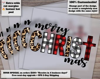 Christmas Leopard Buffalo Plaid Cross Design, Ready to Press Heat Transfer, DTF, Merry Jesus Waterslide Art