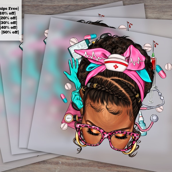 Etsy Afro Woman Nurse Design: Messy Bun, Heat Transfer, DTF Ready, Nurse Life, Press Ready
