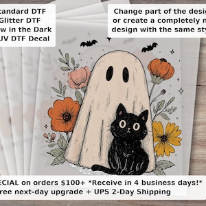 Lindo fantasma y gato de Halloween, listo para planchar - Diseño floral retro de Halloween, listo para usar imagen 1