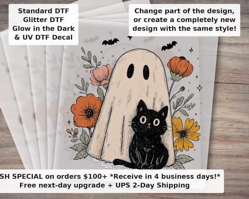 Lindo fantasma y gato de Halloween, listo para planchar - Diseño floral retro de Halloween, listo para usar imagen 1