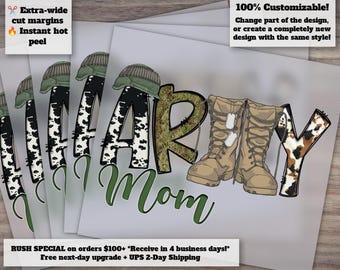 Army Mom Western Camouflage Design, Cowhide Pattern, Army Boots and Hat, Ready to Press Heat Transfer, DTF, Optimized for Army Sublimation