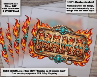 Western Mama DTF Transfer | Turquoise Retro Cowgirl Aztec Flame Graphic Ready to Press Heat Transfer