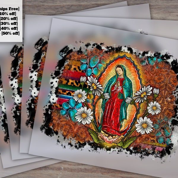 Virgin Mary and Our Lady of Guadalupe Cowhide Design, Latina Mexican Heat Transfer, Ready to Press - DTF, Virgin Mary Themed Merchandise