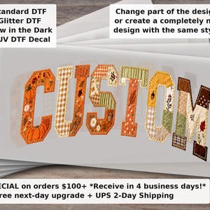 Retro Custom Pumpkin Patchwork Floral Faux Embroidered DTF Transfer, Preppy Floral Pumpkin Bow Shabby Chic Cottagecore Autumn Fall