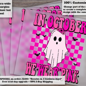 October We Wear Pink Fall Theme DTF Design - Retro Bats, Ghosts and Flower Checker Patterns for T-Shirts, Heat Transfer Ready to Press image 1